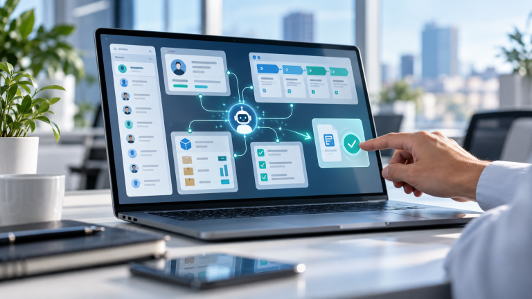 Un agent IA prépare une action dans un tableau de bord CRM et ERP, avec validation par un humain